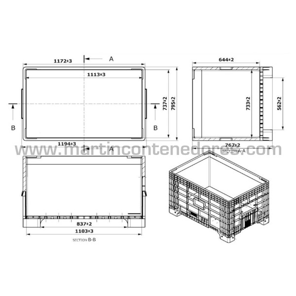 Contenedor plástico con ruedas 1200x800x920/644 mm