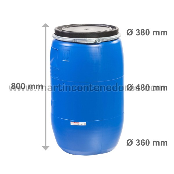 Plastic storage drum 120 liters with metal clamp