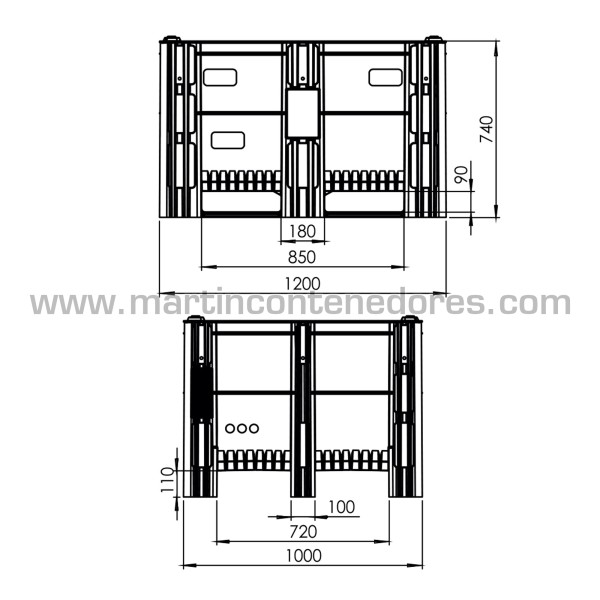 Caisse-palette plastique monobloc DOLAV 1200x1000x740/585 mm 3 traîneaux