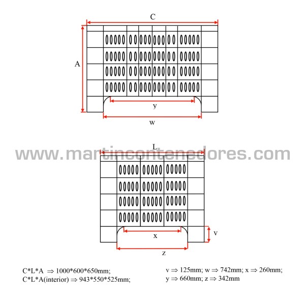 Caisse-palette plastique ajourée 1000x600x650/525 mm 4 pieds