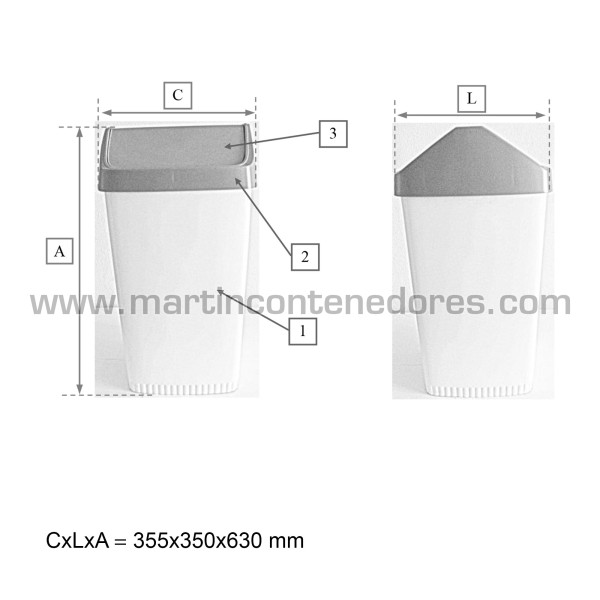 Contenedor reciclaje 39 litros 355x350x630 mm