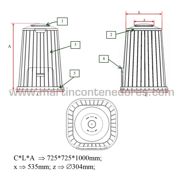 Compostadora 300 litros 725x725x1000 mm