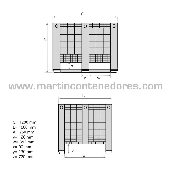 Contenedor plástico con tapón de desagüe 1200x1000x760/605 mm 3 patines