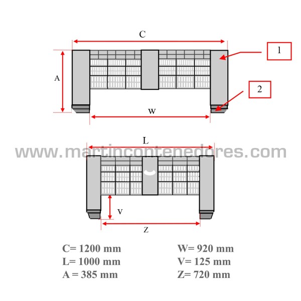 Contenedor plástico ranurado 1200x1000x385/220 mm 4 pies