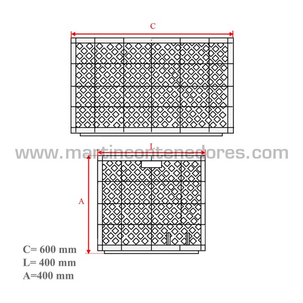 Perforated plastic crate 600x400x400/385 mm