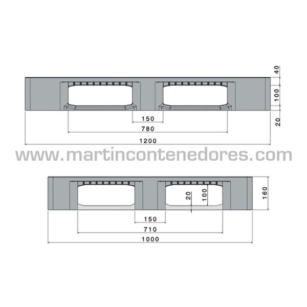 Palet plástico ranurado 1200x1000x160 mm 5 patines