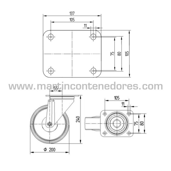 Rueda giratoria PVO 200 mm