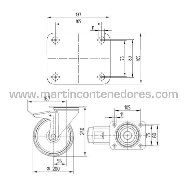 Rueda giratoria con freno PVO 200 mm