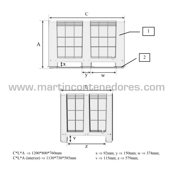 Closed plastic box 1200x800x760/585 mm 2 runners