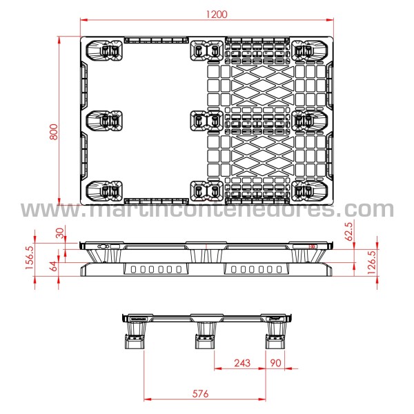 Palet plástico ranurado 1200x800x157 mm 3 patines