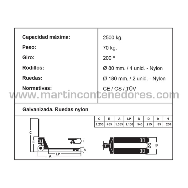 Porta-paletes manual galvanizado 2500 kg