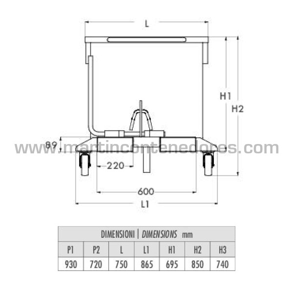 Tilting container with wheels 280 liters with external wheels