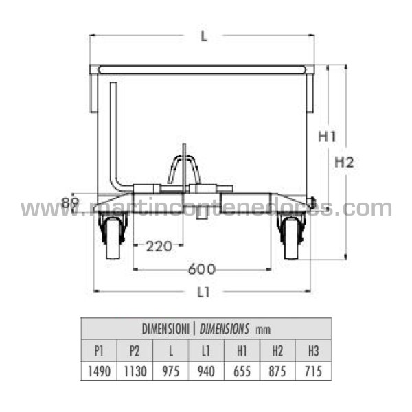 Tilting container with wheels 500 liters with external wheels