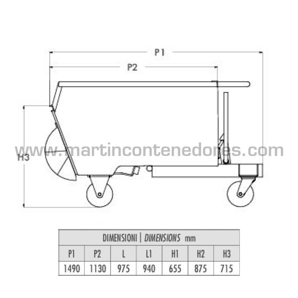 Contentor basculante com rodas 500 litros com rodas externas