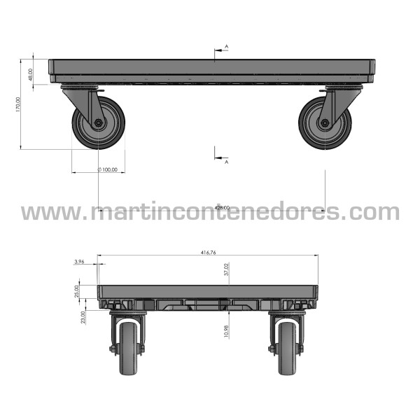 Base rodante 615x415x165 mm con 4 ruedas giratorias