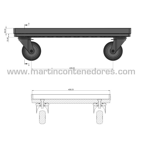 Base rodante 615x415x165 mm con 4 ruedas giratorias