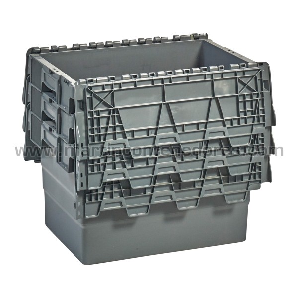 Caja plastica apilable nueva color gris con asa cerrada