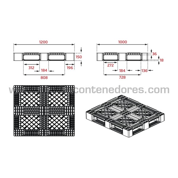 Perforated plastic pallet 1200x1000x150 mm 6 runners