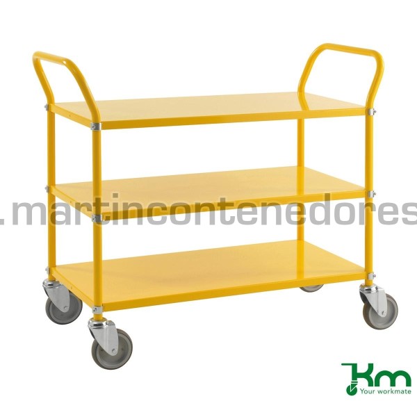 Carrinho de coleta amarelo com 3 prateleiras e freio 1080x480x940 mm