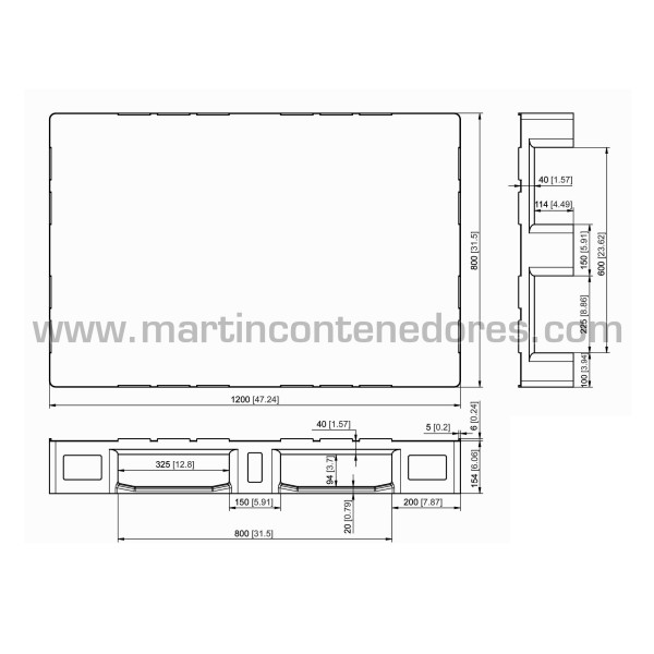 Monobloc plastic pallet 1200x800x155 mm