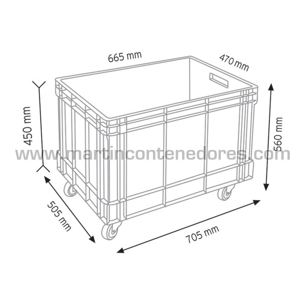 Caisse-palette plastique avec roulettes 705x505x560 mm